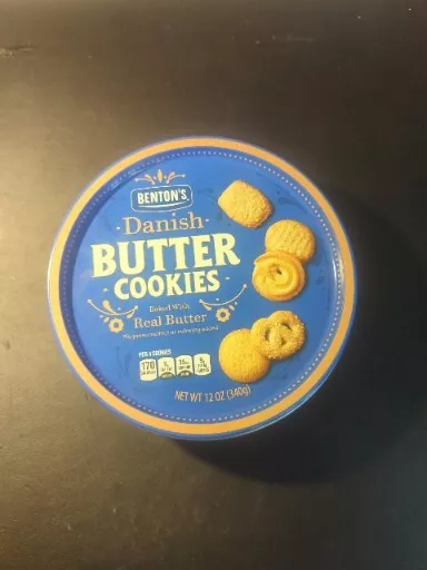 EMPTY Benton's Tin Danish Butter Cookie Blue Round 12 oz Small Bottom DENT