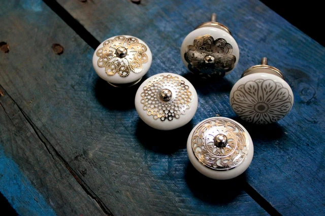 White and Silver Ceramic Door Knobs Vintage Cupboard Drawer Cabinet Pull Handles