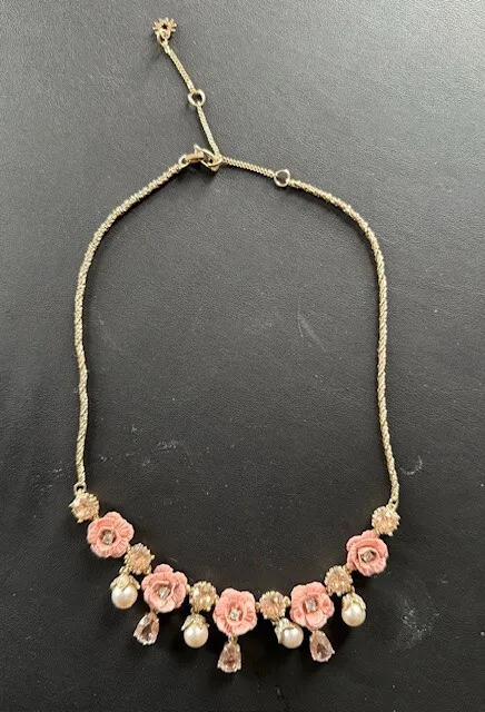 JCrew pink floral necklace with pink crystal and pearls