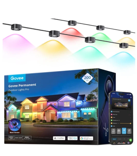 GOVEE PERMANENT OUTDOOR Lights Pro 200FT RGBIC Smart Exterior Strip ...