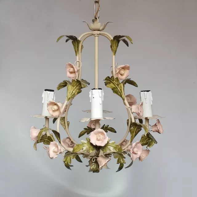 Vintage Italian Tole Porcelain Flowers Roses Chandelier 4 Arms Ceiling Light Vtg