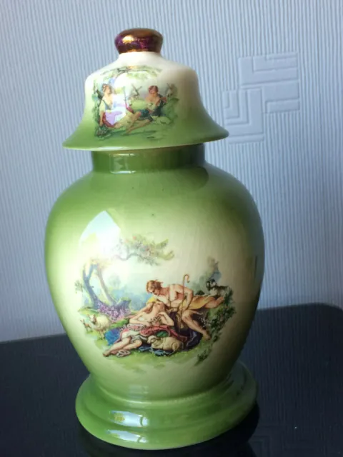 Chipped Lid - Antique KLM Pottery Jar Green w/LOVE Scene Ceramic Vase Lidded Urn
