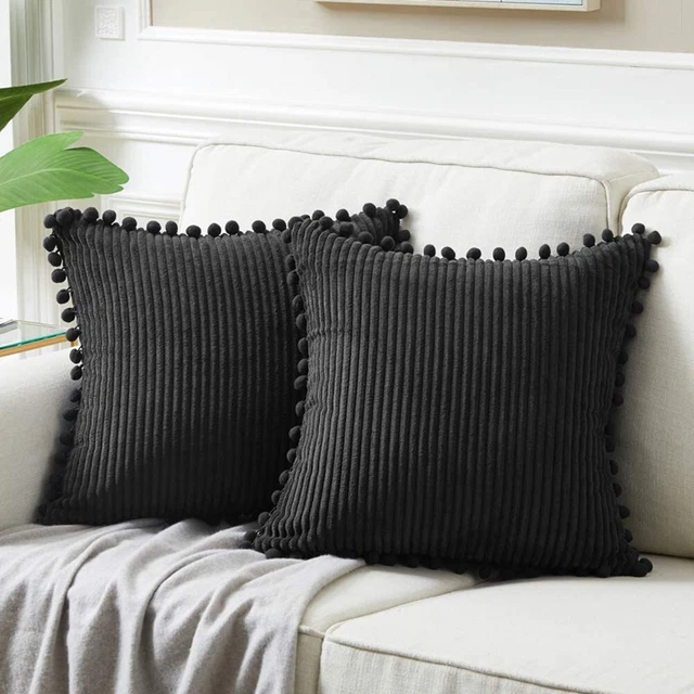 Fancy Homi Pack of 2 Corduroy Fall Decorative Throw Pillow Covers with Pom-poms,