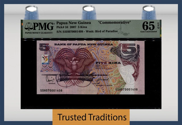 Tt Pk 34 2007 Papua New Guinea Commemorative 5 Kina Pmg 65 Epq Gem Uncirculated