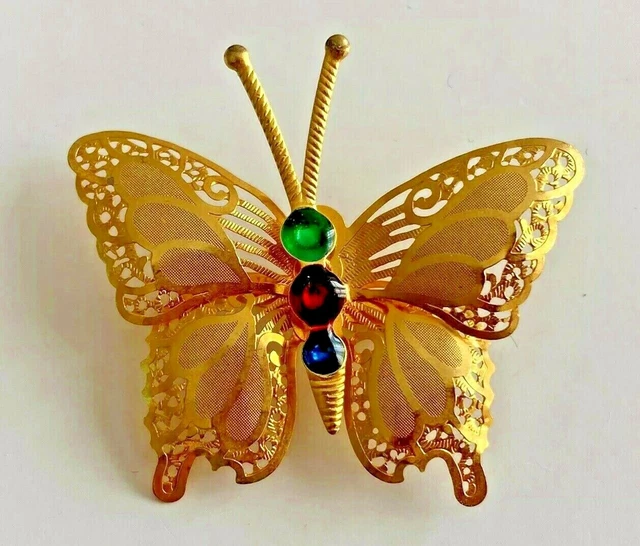 Broche Papillon Doré Vert Bleu Nacré Avec Strass - Bijou Fantaisie Neuf Sans Emballage