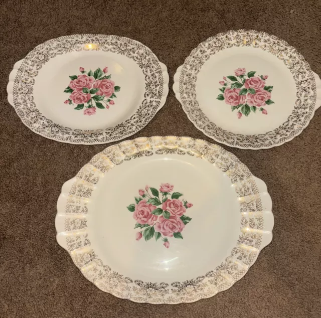 3 Rare Sebring Pottery Co China Bouquet  22k Gold Vintage Serving Platters