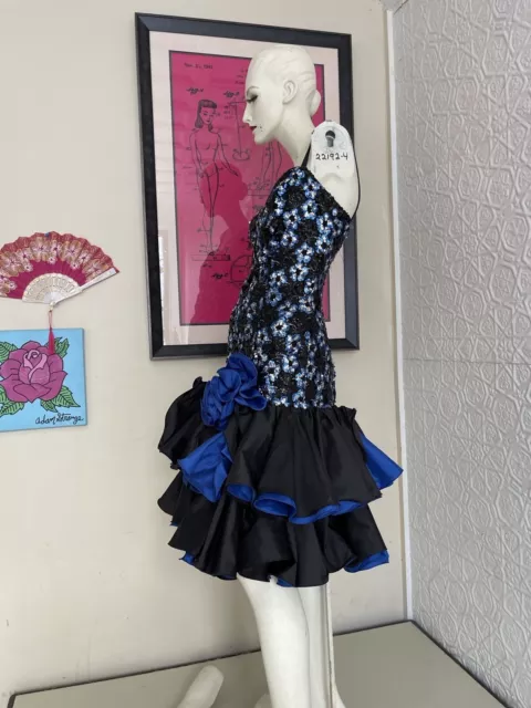 1980s Ultra Glam Sequin Prom dress-cocktail-blue-black-sequin-ruffle 3