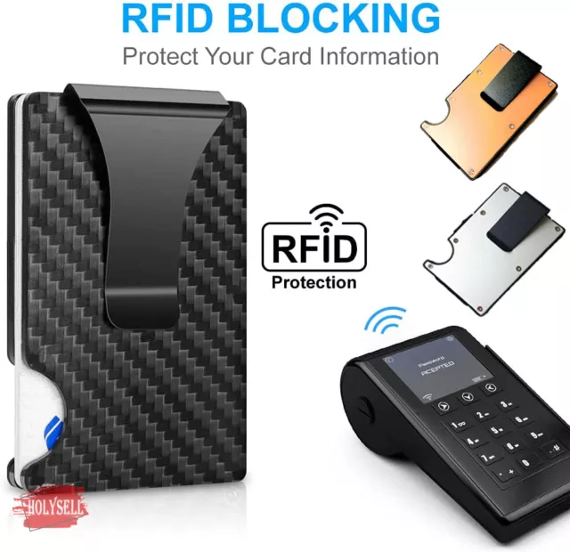 Mens Gift RFID Blocking Slim Money Clip Carbon Fiber Credit Card Wallet Holder