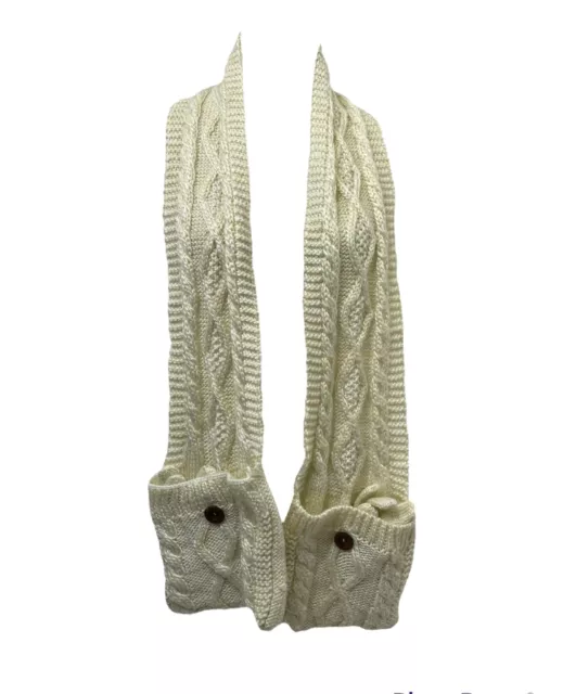 Hand Made Women's Knit Scarf with Pockets and Gloves Set White Size Large