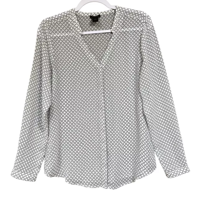 Ann Taylor Womens Blouse Size Medium Black Cream Diamond Print Semi-Sheer V Neck