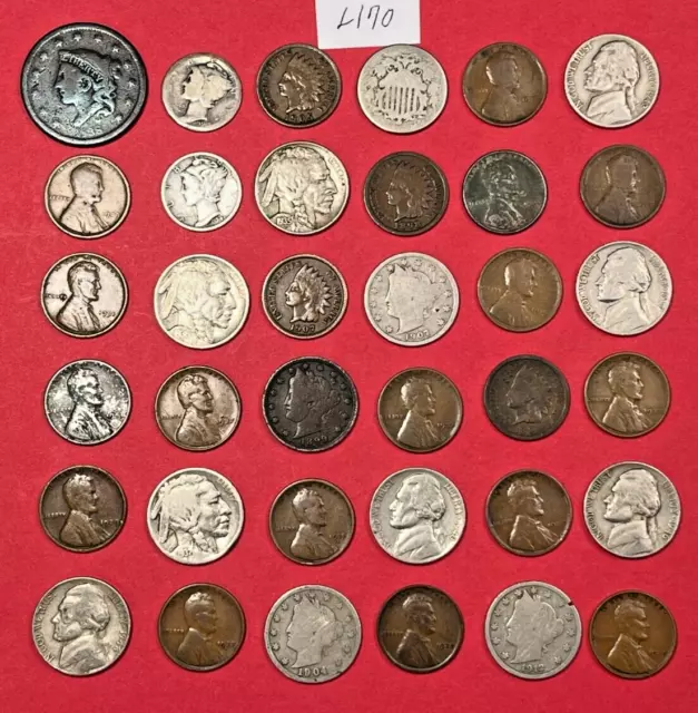 Estate Lot Of 36 Old Coins 1838 Large Cent Silver Dimes Indian Head Penny #L170