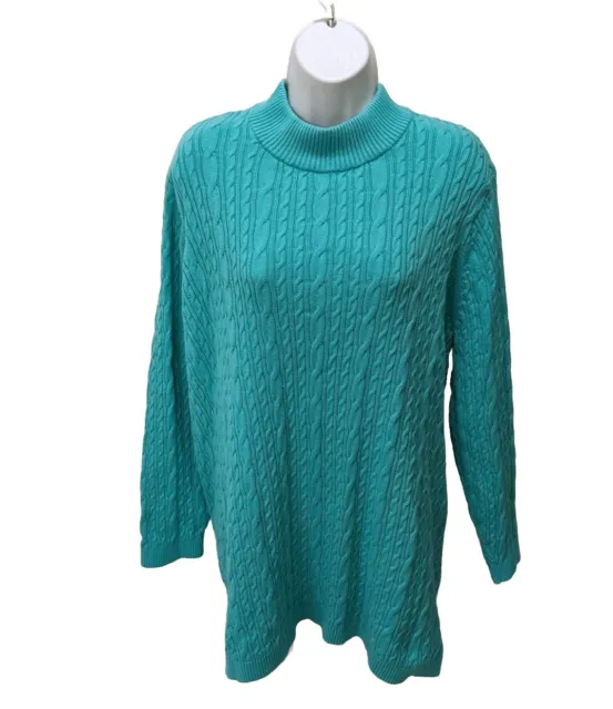 Lands End Mock Neck Pullover Sweater Womens 3X Cable Knit Green Cotton