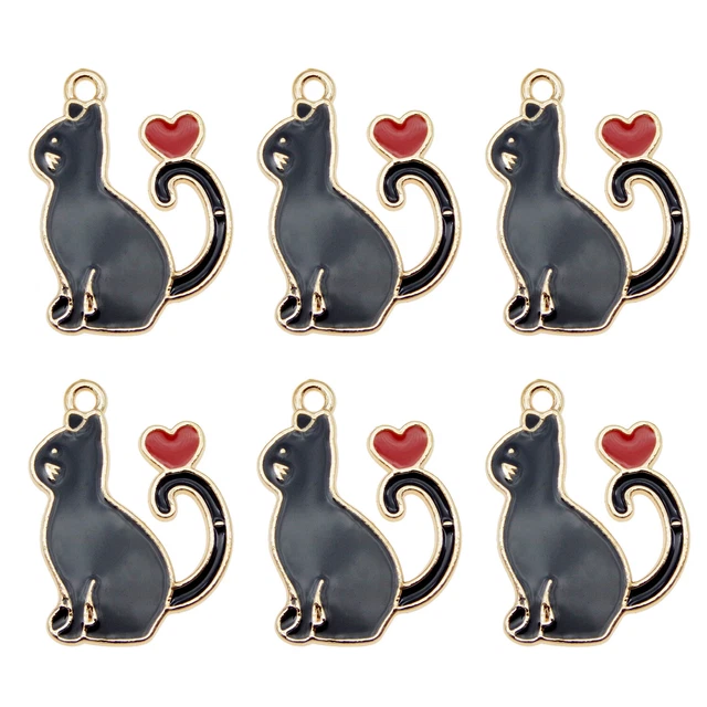 18 Stück Schwarz Emaille Metall Gold Süße Katze Schmuck Anhänger Charm 25x19mm