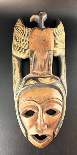 Vtg Haitian Folk Art African Tribal Mask 18" Carved Wood & Hand Painted w/ Bird