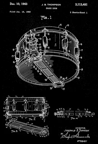 1963 - Snare Drum - Musikinstrument - J. B. Thompson - Patentkunstposter