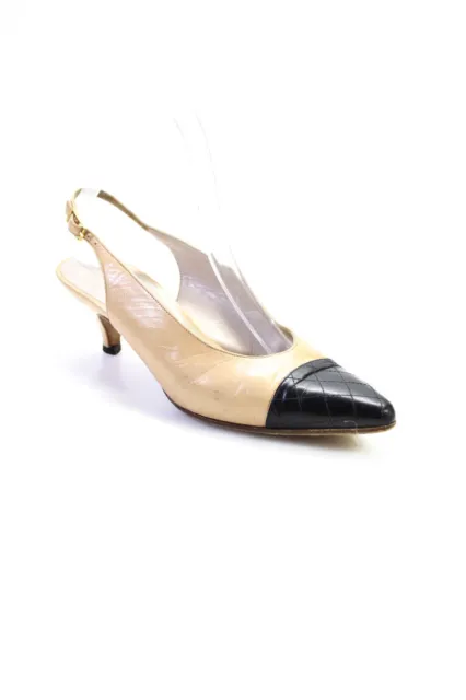 CHANEL WOMENS QUILTED Leather Cap Toe Slingback Pumps Beige Black Size 36 6  $107.99 - PicClick
