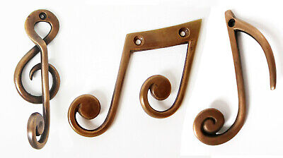 SOLID BRASS WALL hooks coat hanger TREBLE CLEF and MUSICAL NOTES 10 cm high, new