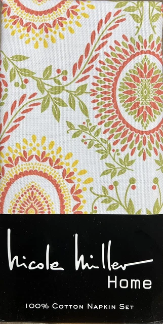 Juego de 6 servilletas de tela Nicole Miller floral naranja verde amarillo y cachemira