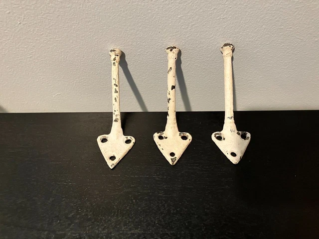 3 Cast Iron Antique Coat Hooks Hat Hook - Chippy Painted