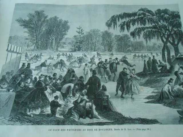 Gravure 1861 - Le club des patineurs au bois de Boulogne