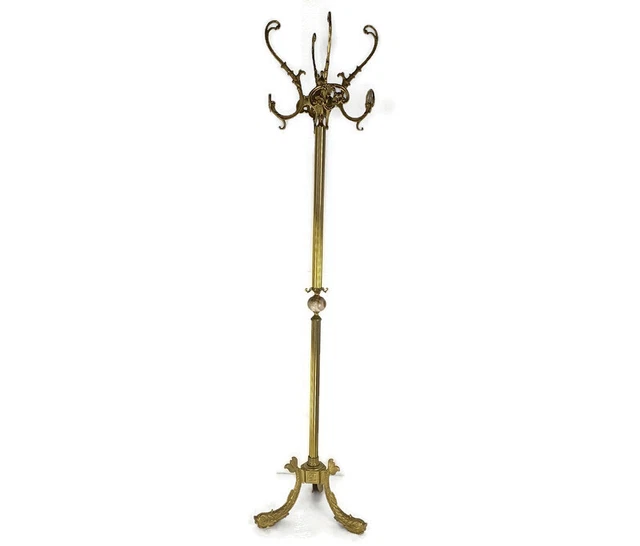 Standing Hall Tree Coat Rack Ornate Brass Hollywood regency Marble ball fish leg