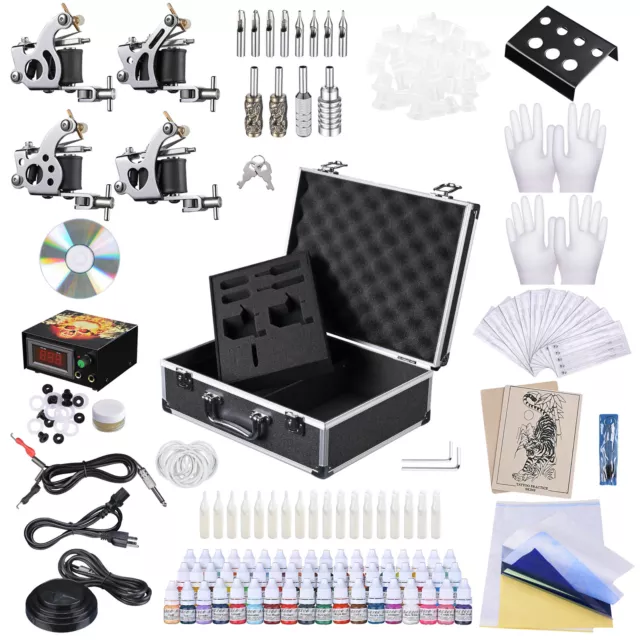 Professional Complete Tattoo Kit 4 Machine Guns 54 Ink Power Supply Grip Needles