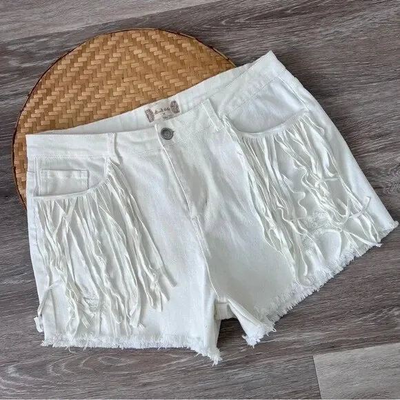 NEW altar’d state white fringe denim shorts high rise womens medium