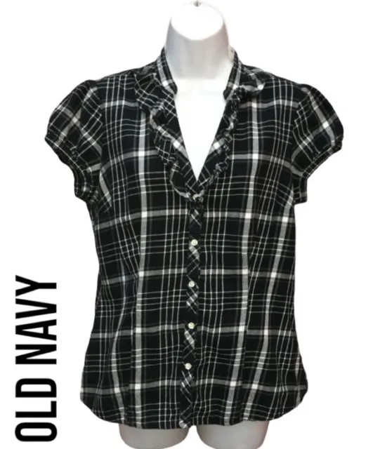 Old Navy Black White Flannel Ruffle Button Down Top Shirt - Women’s Medium