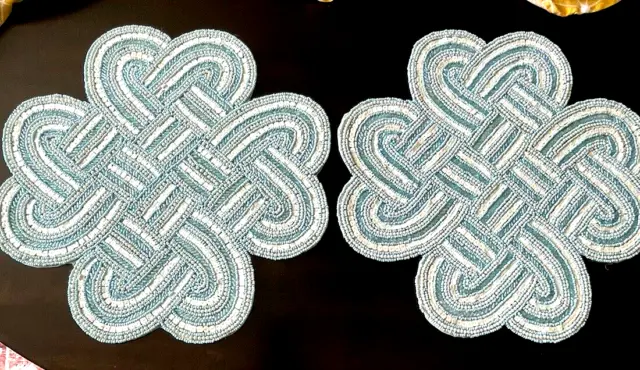 2 Pier 1 One Imports Beaded Placemats Light Blue Cream Napperon 15” Diameter