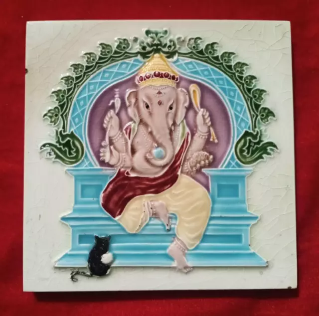 1 Piece Old Art God Ganesh Ji Design Embossed Majolica Ceramic Tiles Japan 0295