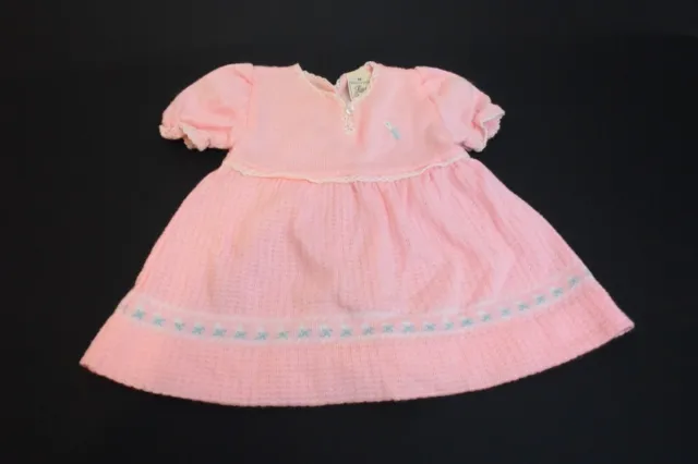 Vintage 70s Baby Pink Knit Dress Floral A-Line Blue Flowers Girl SIZE 6-9 MONTHS 2