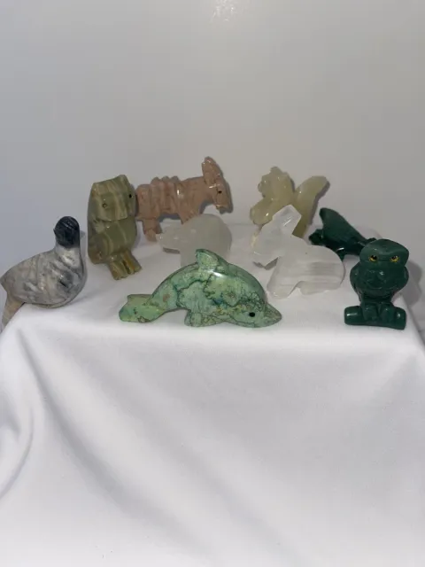 Lot Of 8 Peruvian Hand Carved Soapstone Animals Owls Dolphin Donkey Squirrel