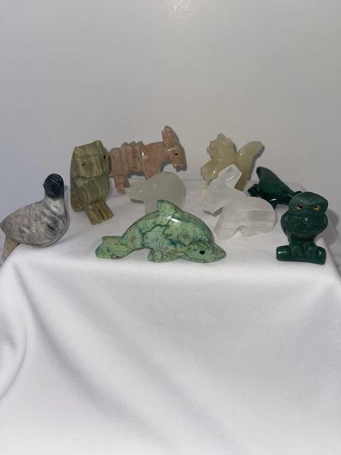 Lot Of 8 Peruvian Hand Carved Soapstone Animals Owls Dolphin Donkey Squirrel