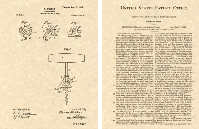 1900 Walker Bell Corkscrew US Patent Art Print READY TO FRAME Wine Opener