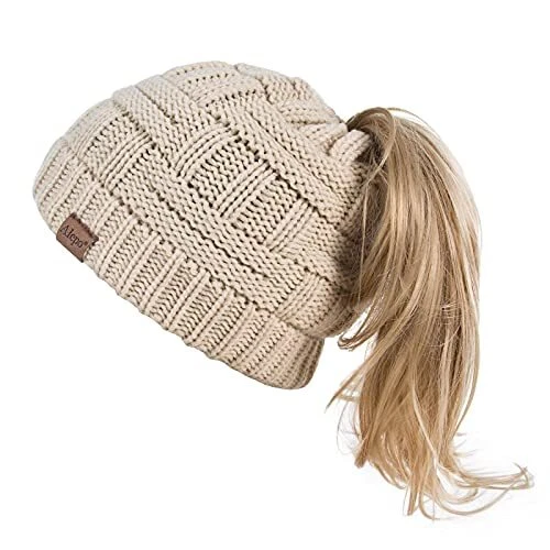 Gorros con cola de caballo para mujer Gorros de punto de invierno Pom Pom