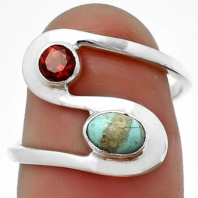 Natural Turquoise Nevada Aztec Mt & Garnet 925 Sterling Silver Pendant R-1039