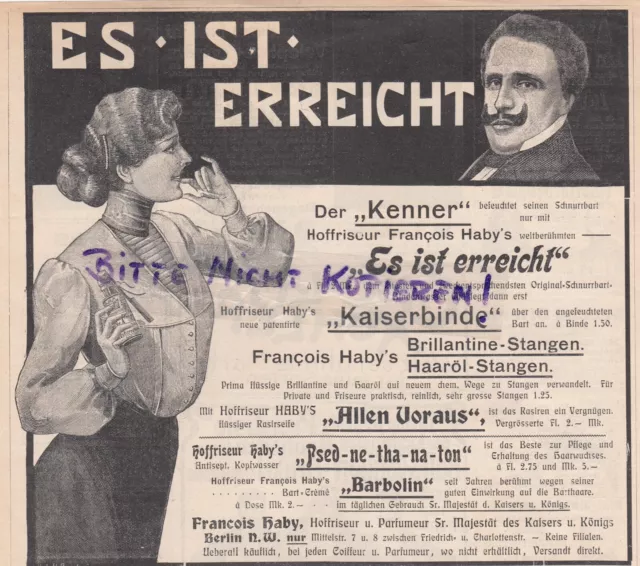 BERLIN, Werbung 1903, Francois Haby Kaiserbinde Brillantine-Haaröl-Stangen