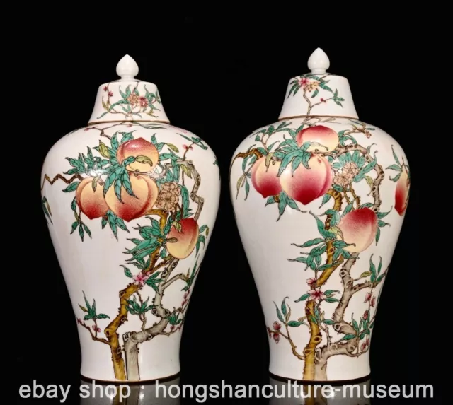 8.8" Yongzheng Marked Pastel Porcelain Peach Tree Pattern Lid Bottle Vase Pair