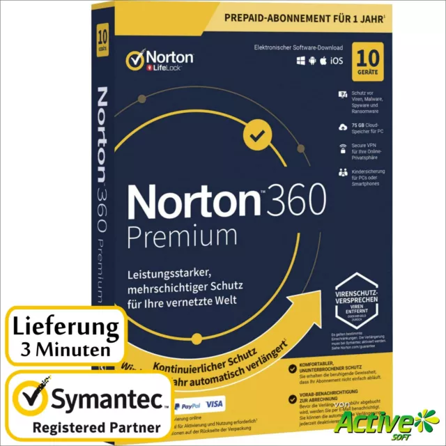 NORTON 360 Premium 2024 10 Geräte |PC,Mac,Android,iOS| Internet Security DE-Liz