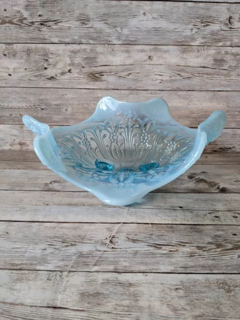 Antique Northwood Blue Opalescent Pearl Flowers Footed Bowl 9” Diameter