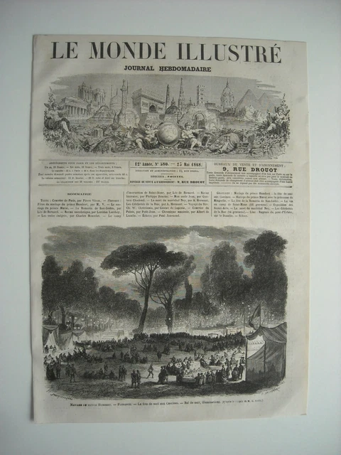 Gravure 1868. Mariage Du Prince Humbert. Florence. La Fete De Nuit Aux Cascines.