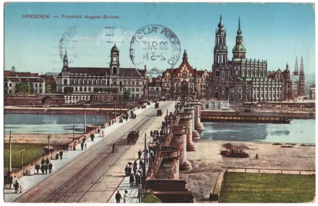 alte Ak Dresden, Friedrich-August-Brücke, gelaufen 1913