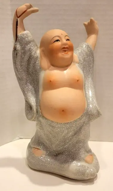 Vintage Hoi Toi Happy Buddha Bisque Porcelain Crackle Glaze Monk Figurine