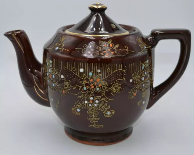 Vintage Brown Ceramic Hand Painted Teapot Floral Gold Trim Made in Japan 61/2"