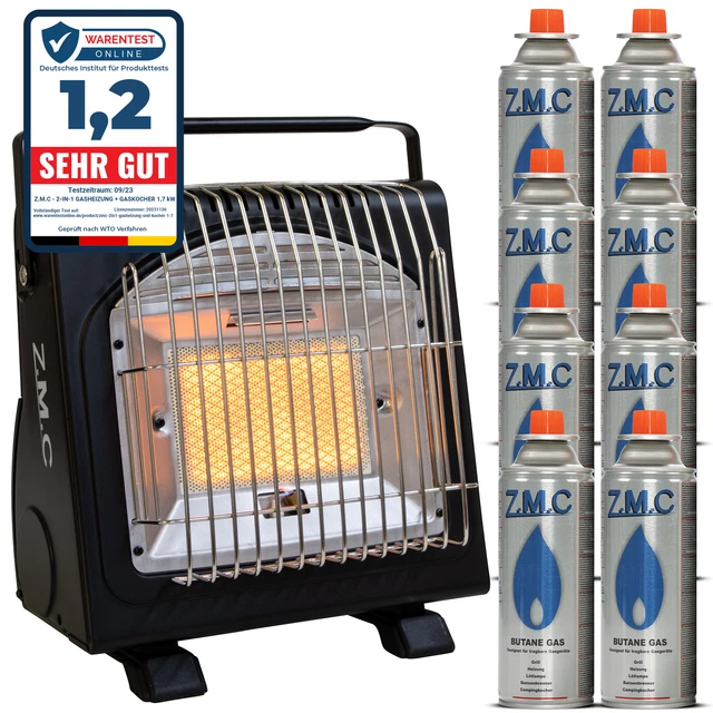 2in1 Tragbare Gasheizung Camping Butan Gas Kocher Keramik +8 Gaskartuschen 1,7KW