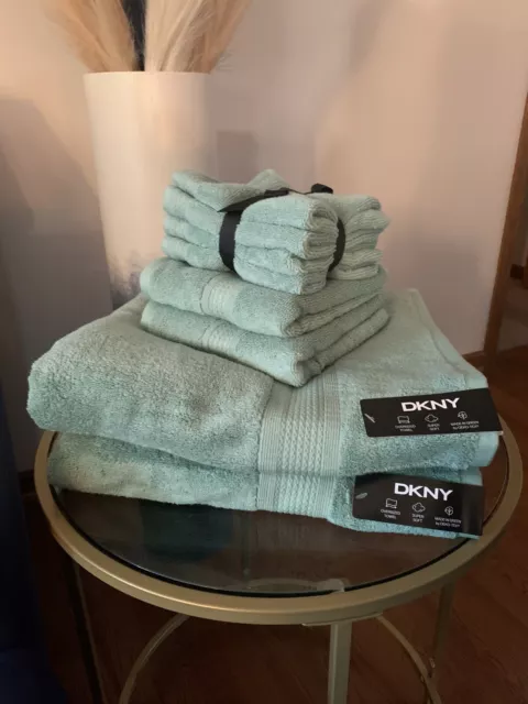 DKNY 100% COTTON Bathroom 8 PC SET Bath Hand Face Towel Sage Green