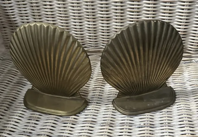 Pair Vintage Cast Brass Scallop Shell Bookends Andrea By Sadek Coastal Nautical