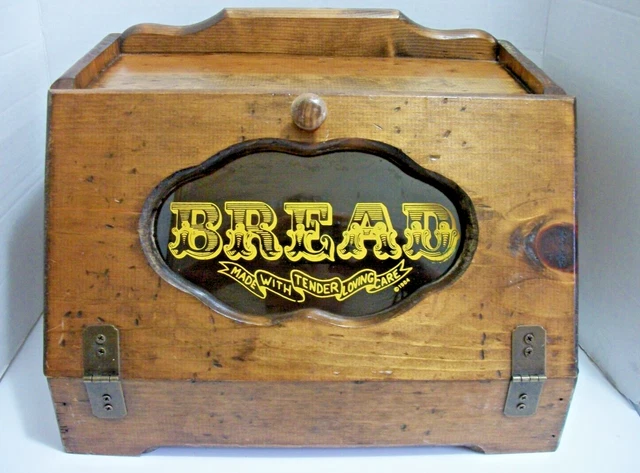 Vintage 1984  Wooden Bread Box  Stenciled Window  Rustic Farmhouse Kitchen Decor