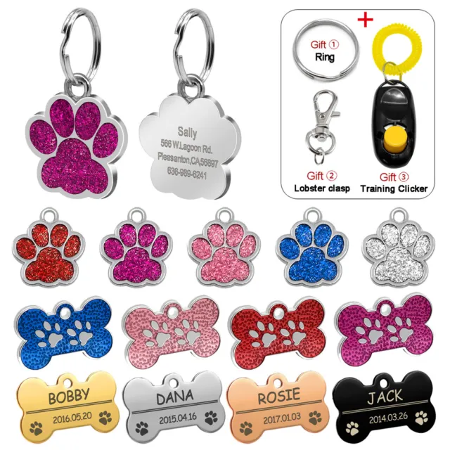 Bone/Paw Glitter Dog Tags Free Engraved Cat Dog Puppy Pet ID Name Collar Tag