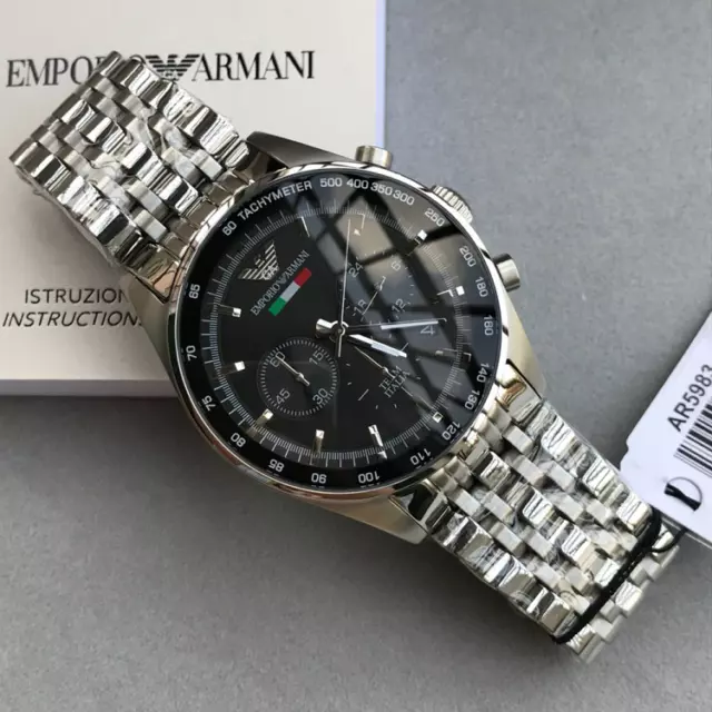 New Genuine Emporio Armani Ar5983 Tazio Silver & Black Dial Steel Mens Watch Uk